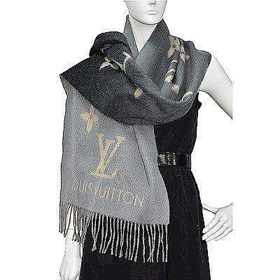 Louis Vuttion LV Monogram Reykjavik系列 雙面針織圍巾 灰黑色 羊絨 M70869