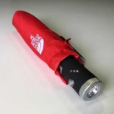 ~滿3000超取郵寄免運~【戶外風】The North Face 抗UV LED燈三折自動開收傘 紅色