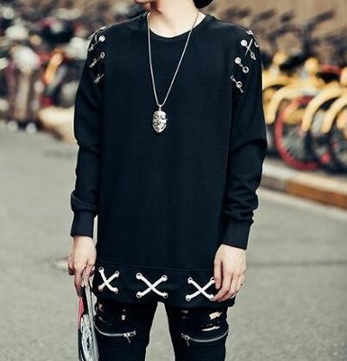 FINDSENSE Z1 韓國 時尚 潮 男 別針裝飾 下擺穿繩設計 外套 衛衣 長袖T恤 特色長T