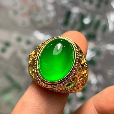 緬甸翡翠老坑冰種帝王綠陽綠色翡翠男款方形大戒指銀鑲嵌