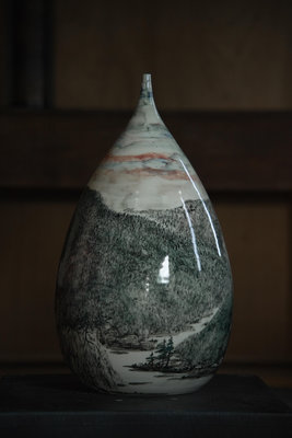 「上層窯」鶯歌製造 石雲華作品 山水 彩繪花瓶 瓷器 A1-13