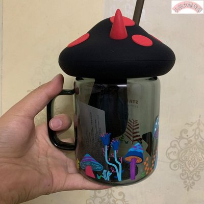 【熱賣精選】星巴克525ml萬圣蘑菇造型梅森玻璃桌面杯咖啡杯冷水吸管水杯
