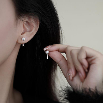 925純銀小眾設計珍珠耳釘輕奢高級感后掛式秋冬耳飾養耳洞耳環