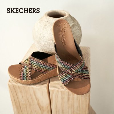 100％原廠Skechers斯凱奇年夏季新款女子時尚露趾搭帶坡跟涼拖鞋38554