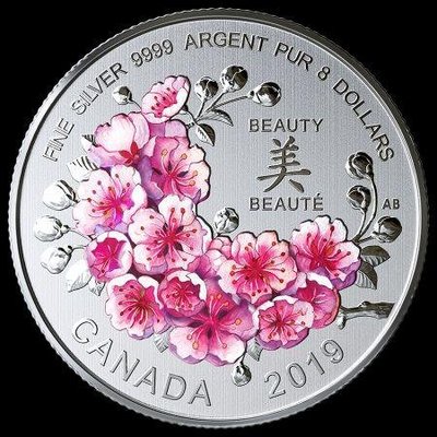 加拿大彩色櫻花銀幣，加拿大銀幣，銀幣，限量銀幣，銀幣，錢幣，紀念幣，幣~加拿大彩色櫻花銀幣~重7.96公克盒證齊全