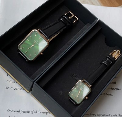 Daniel Wellington 綠色長方形錶盤 黑色皮革錶帶 石英 男女對錶 DW情侶錶
