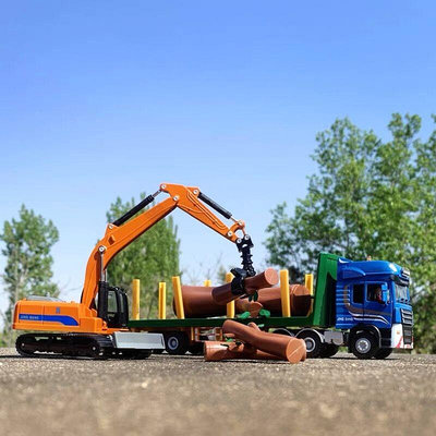 合金工程車模型仿真1:50木材運輸車抓木機大掛車綠植運輸車男孩車