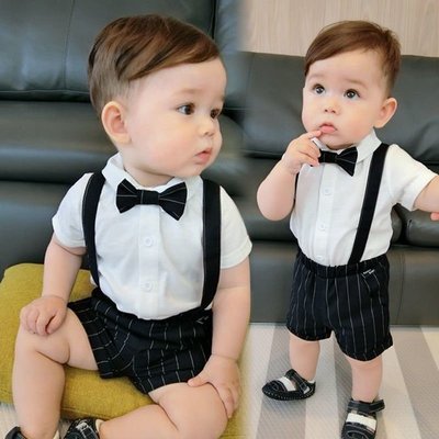 男童西裝寶寶1週歲宴禮服短袖+吊帶褲套裝嬰幼兒童生日紳士套裝