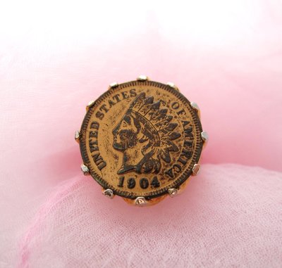 【戴大花2】VTG 18K包金  1904年 美國真實硬幣 印地安人頭像  lucky penny 古董戒指 #F21