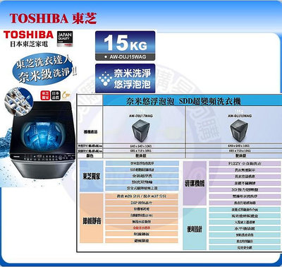 易力購【 TOSHIBA 東芝原廠正品全新】 單槽變頻洗衣機 AW-DUJ15WAG《15公斤》全省運送
