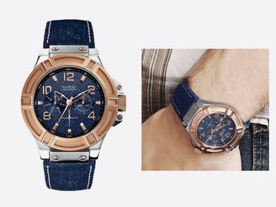 GUESS Rigor 玫瑰金色配藍色錶盤 牛仔布皮革錶帶 石英 男士手錶 W0040G6