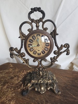 20世紀初 德國製 古董老式發條黃銅時鐘 發條機械銅鐘 座鐘 桌鐘 凸面玻璃 巴洛克古典氣質 (歐洲老件 骨董收藏)