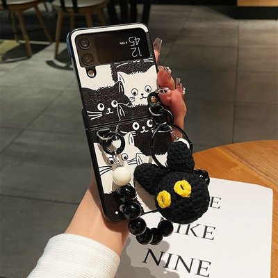 htt皮革卡通可愛黑貓白貓手機殼適用於三星 Galaxy Z Flip 3 Z Flip 5G Z Plip 3 Z Flip【河童3C】