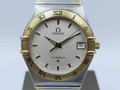 【發條盒子A5784】OMEGA 歐米茄 星座系列 白面石英 18k金羅馬外圈 日期顯示 經典半金男錶