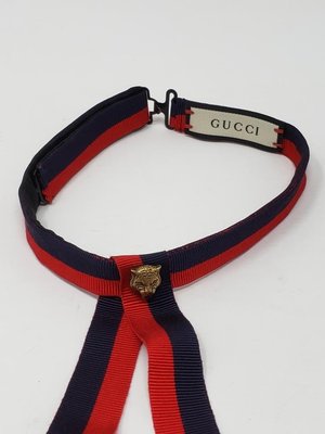 Gucci Red Navy Blue Striped Tiger Neck Tie Scarf 領帶 全新 正品