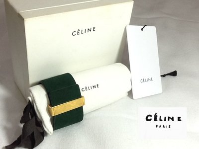 羅浮宮 國際專櫃真品 CELINE 黃銅釦 橄欖綠麂皮帶 寬版手環 手圈 S號 原廠盒卡 防塵袋 KELLY 凱莉