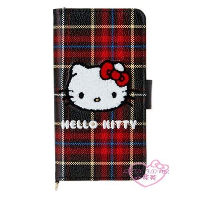 ♥小公主日本精品♥Hello kitty凱蒂貓黑紅格紋顏色布面圖案PU手機殼手機套萬用皮套00142106
