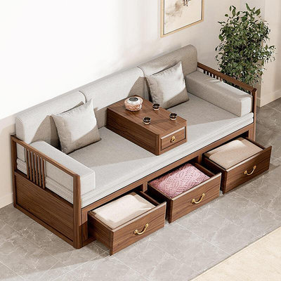 新中式羅漢床可伸縮全實木推拉床摺疊兩用睡臥塌小戶型箱體沙發床B20