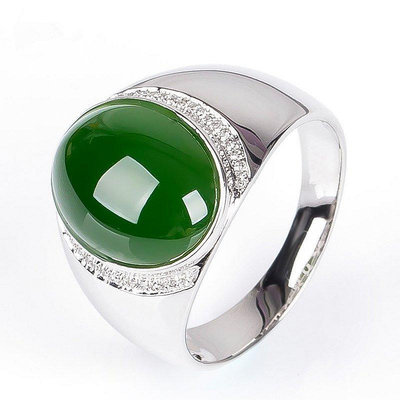和闐玉指環925銀鑲嵌戒指男鑲嵌碧玉菠菜綠蛋面天然玉石玉戒指