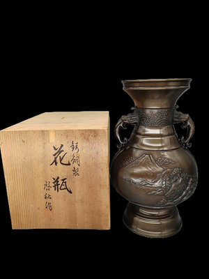 x日本銅花瓶 金工銅花瓶 浮雕銅花瓶 收藏級銅花瓶  金工大師