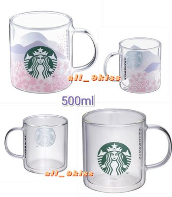 星巴克 500ml 綠女神把手玻璃杯 、粉櫻花海雙層玻璃杯 Starbucks(只有1個）