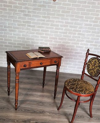 【卡卡頌  歐洲古董】英國 桃花心木雕刻 燙金邊 皮面 書桌 古董桌 歐洲老件 t0235 ✬