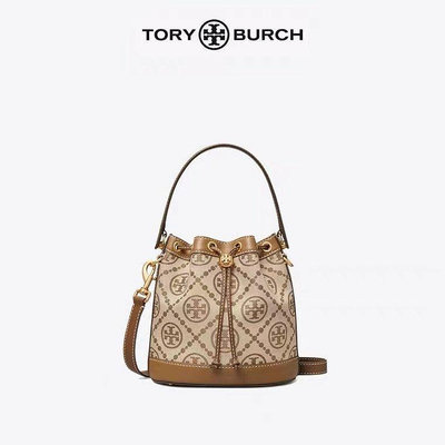 現貨直出 TORY BURCH Monogram 新款牛仔帆布單肩斜挎水桶包 明星大牌同款