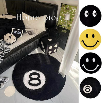 MK小鋪圓形地毯，植絨材質黑8笑臉圖案，尺寸40*40cm-80*80cm，地墊臥室，客廳地毯 ，防滑地墊，床邊地毯