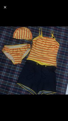 9成新 專櫃 思薇爾 SWEAR 女生 泳裝 四件組 橘色 條紋 短褲 小可愛
