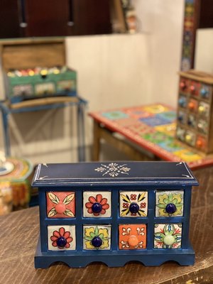 異國風印度芒果木彩繪磁磚藍色8抽櫃(木頭有彩繪)【更美歐洲傢飾精品Amazing House】台南
