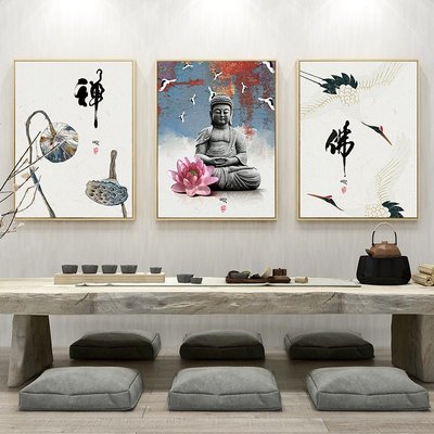藝術 風水掛畫 新中式茶室禪意掛畫佛系佛像畫像裝飾畫客廳三聯背景墻壁畫