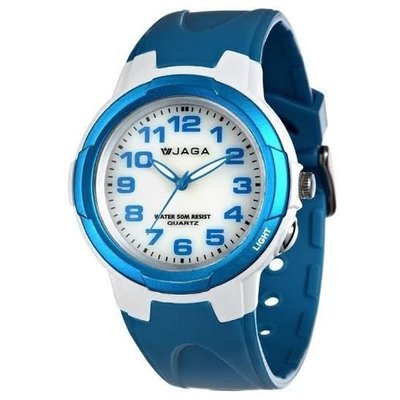 JAGA捷卡 指針錶 白面 亮藍色橡膠 男錶 學生錶 童錶 清楚時間判讀 AQ68A-DE【時間玩家】