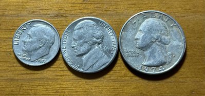 (美國系列)1970年代美國25美分、10美分，及5美分共三枚硬幣組合