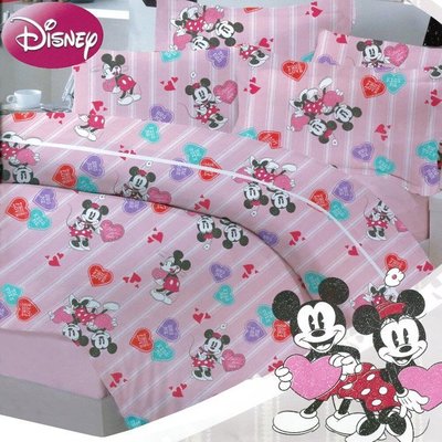 全新品【Disney迪士尼】台灣製造3.5呎x6.2呎100%高級純棉三件式單人(薄)被套床包組(米奇與與米妮)只剩紫色