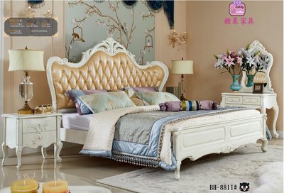 [糖果家具]歐式床頭層牛皮床 奢華雕花實木床6尺床法式雙人床歐式家具 床頭櫃
