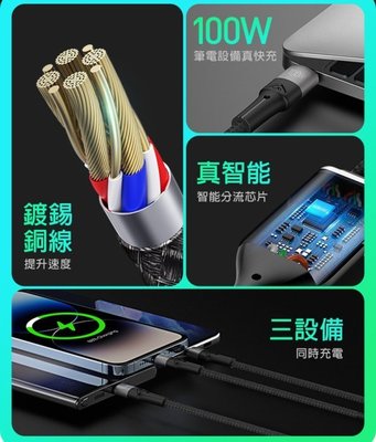 DUZZONA A4 三合一數據線(100W)(1.3M) USB to Type-C+Micro+Lightning