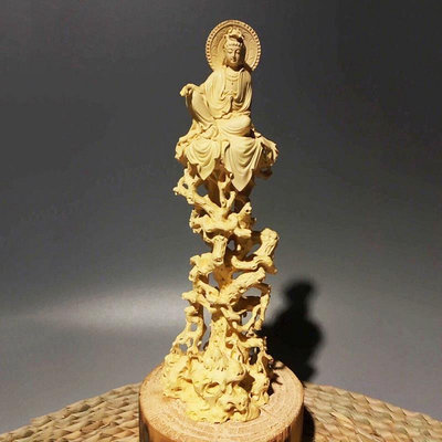 黃楊木雕自在觀音佛像擺件 客廳裝飾家居坐樹藤觀音菩薩擺設
