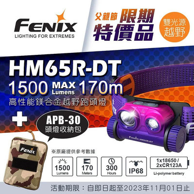【LED Lifeway】FENIX HM65R-DT (公司貨) 高性能鎂合金越野跑頭燈 + APB-30 頭燈收納包