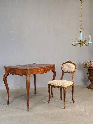 美! 19世紀 法國百年 路易十五 手工緞木花卉 純銅鑲嵌 古董桌 書桌 ASF⚜️卡卡頌 歐洲古董⚜️ ✬