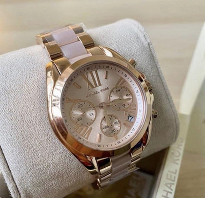 MICHAEL KORS 玫瑰金配粉色不鏽鋼錶帶 石英  羅馬刻度 三眼計時 女士手錶MK6066