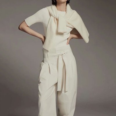 【全新現貨】Massimo Dutti  COS女裝2021春夏新品白色絲棉五分袖針織氣質V領T恤0933003003