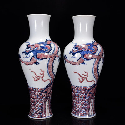 中國古瓷 清康熙年青花釉里紅龍紋觀音瓶40*16m14000RT-4626