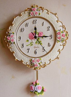 歐式 時尚雕刻玫瑰花造型掛鐘 歐風粉色玫瑰花田園牆鐘樹脂藝術鐘壁掛鐘牆上掛鐘擺飾靜音鐘裝飾時鐘家飾