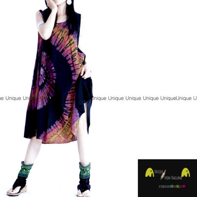 Unic＠泰國進口植物染🌳背心洋裝『TD265黑彩手工植物綁染❄️超涼感❄️削肩背心中長洋裝』異國風 波希米亞風 洋裝