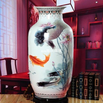 下殺-景德鎮陶瓷器 粉彩年年有余落地大花瓶荷花魚冬瓜瓶 現代家飾擺件