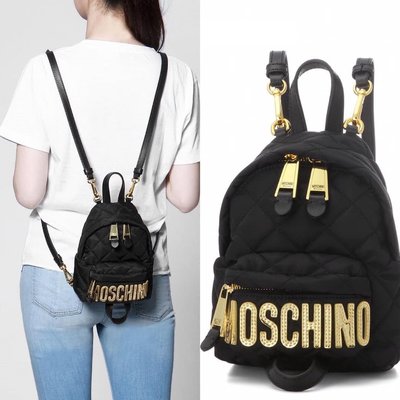【折扣預購】24春夏正品MOSCHINO mini backpack黑色菱格紋縫線金色LOGO迷你款尼龍後背包