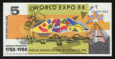 wp011，1988年，澳洲（Australia）消費券 5元，UNC。