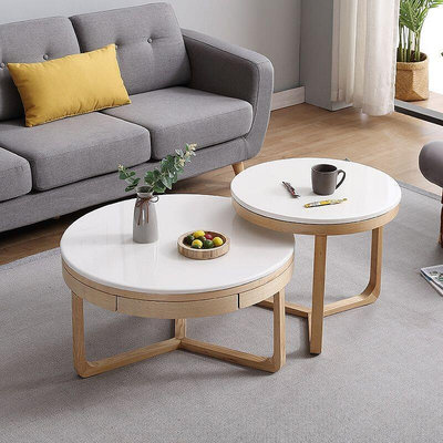 實木大理石圓茶几組合簡約松木茶桌臺客廳創意套裝家具雙層原木