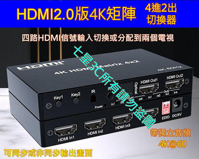 台灣現貨 HDMI2.0 雙影像 音效輸出  HDMI 四進二出 分配器 4進2出 4x2 矩陣 切換器 帶光纖/3.5立體聲