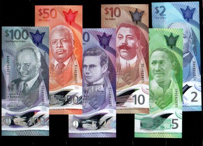 【低價外鈔】巴貝多2022年2-5-10-20-50-100 Dollars 塑膠鈔六枚全套一組，最新發行~***